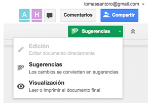 sugerencias y compartir de google docs